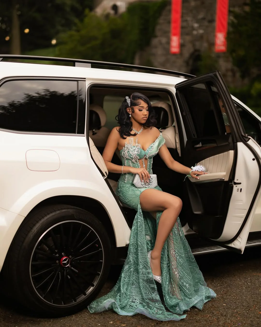 Classic Green Sweetheart One Shoulder Mermaid Prom Dresses Sheath Gem With High Split - Image 5
