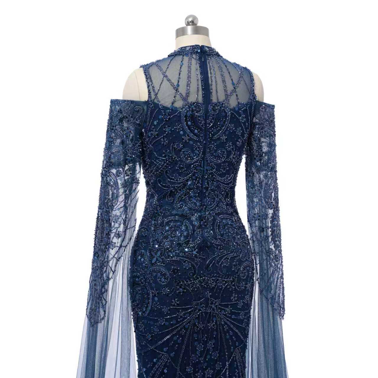 Classic High Collar Long Sleeves Mermaid Prom Dresses Sheath Gem With Beads Zipper - Image 3