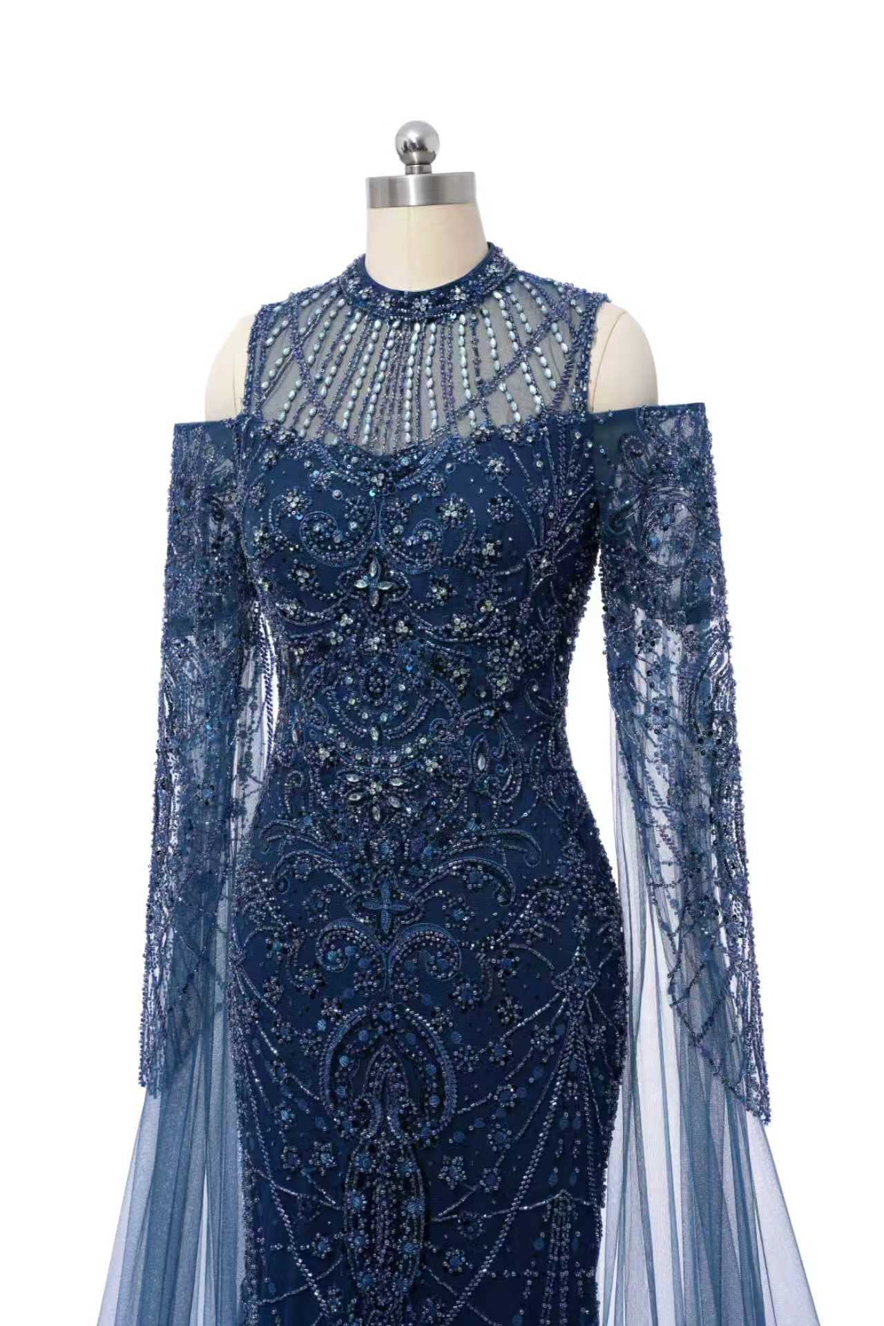 Classic High Collar Long Sleeves Mermaid Prom Dresses Sheath Gem With Beads Zipper - Image 4