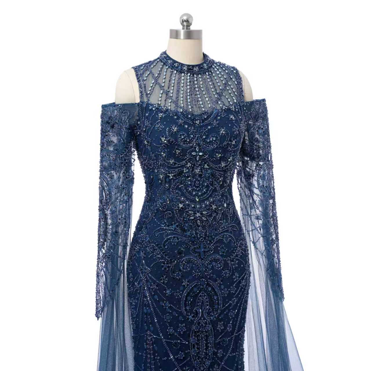 Classic High Collar Long Sleeves Mermaid Prom Dresses Sheath Gem With Beads Zipper - Image 5