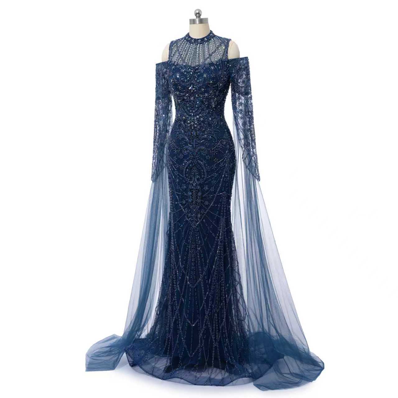 Classic High Collar Long Sleeves Mermaid Prom Dresses Sheath Gem With Beads Zipper - Image 6