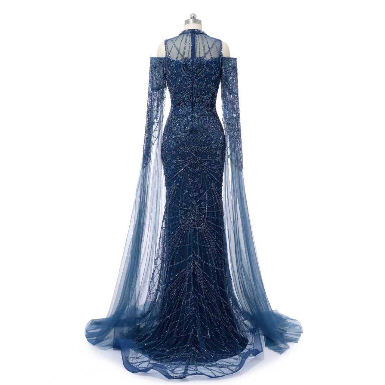 Classic High Collar Long Sleeves Mermaid Prom Dresses Sheath Gem With Beads Zipper - Image 7