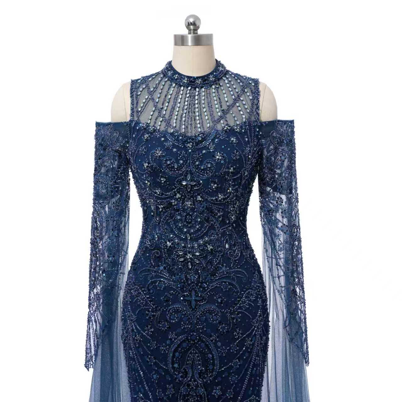 Classic High Collar Long Sleeves Mermaid Prom Dresses Sheath Gem With Beads Zipper - Image 8