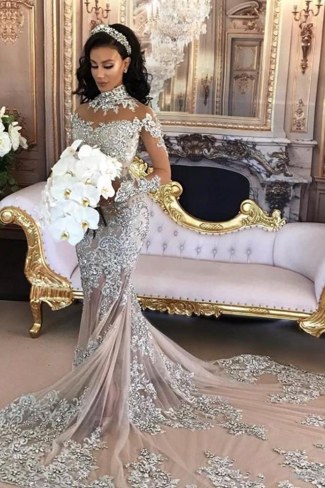 Classic High neck Long Sleevess Mermaid Wedding Dress Silver Tulle Bridal Gowns with Lace Appliques - Image 2