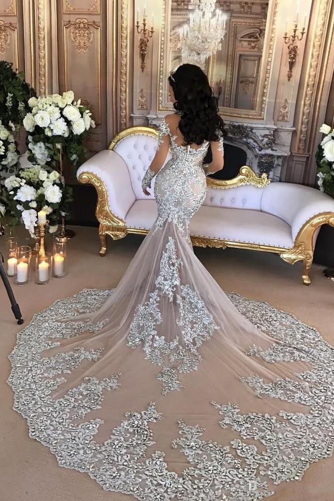 Classic High neck Long Sleevess Mermaid Wedding Dress Silver Tulle Bridal Gowns with Lace Appliques - Image 3