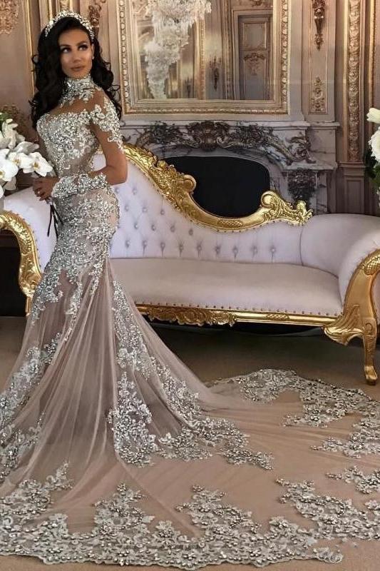 Classic High neck Long Sleevess Mermaid Wedding Dress Silver Tulle Bridal Gowns with Lace Appliques - Image 4