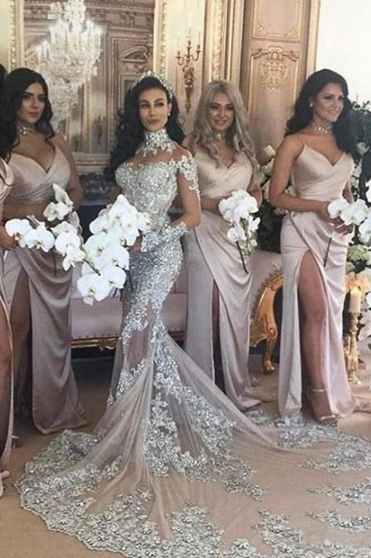 Classic High neck Long Sleevess Mermaid Wedding Dress Silver Tulle Bridal Gowns with Lace Appliques - Image 5