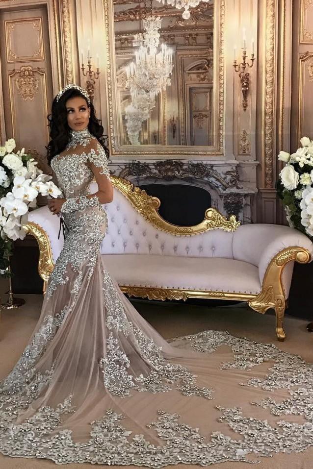 Classic High neck Long Sleevess Mermaid Wedding Dress Silver Tulle Bridal Gowns with Lace Appliques - Image 6