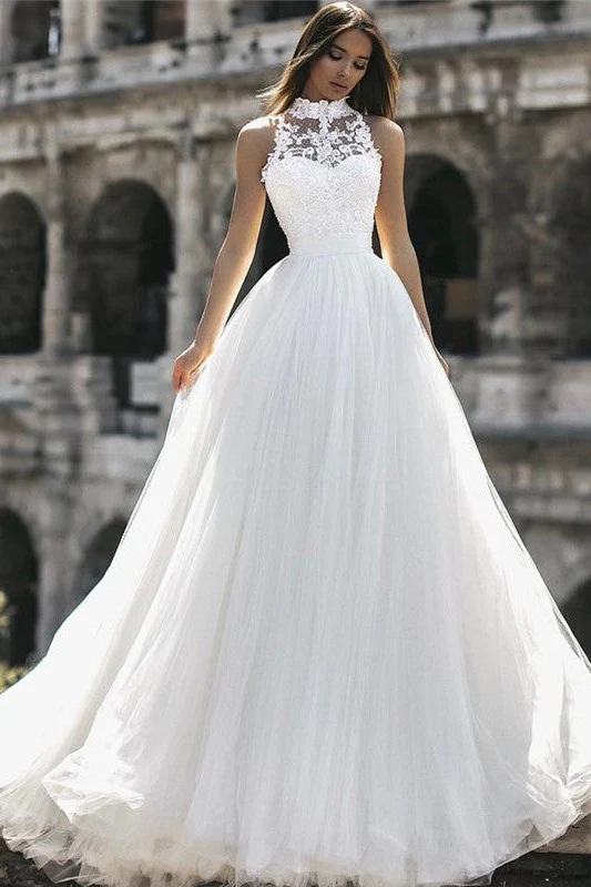 Classic High Neck Sleeveless Appliques A Line Floor Length Wedding Dresses - Image 2