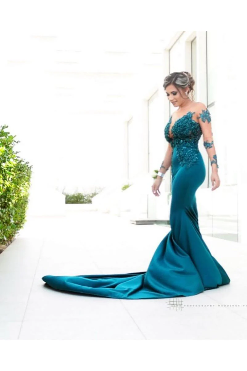 Classic Illusion neck Long Sleeves Blue Lace Appliques Prom Party Gowns with Chapel Train - Image 2
