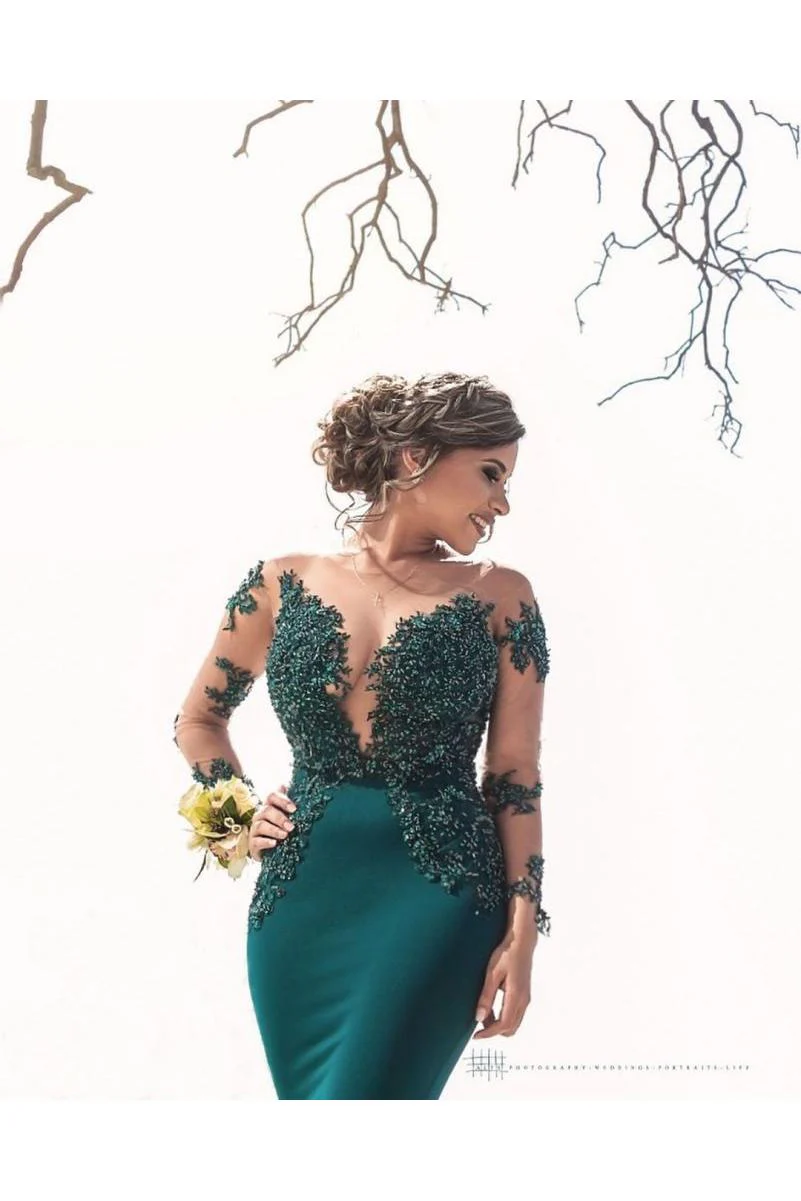 Classic Illusion neck Long Sleeves Blue Lace Appliques Prom Party Gowns with Chapel Train - Image 3