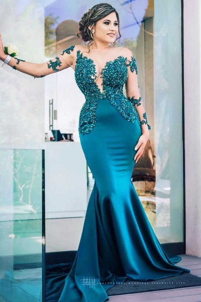 Classic Illusion neck Long Sleeves Blue Lace Appliques Prom Party Gowns with Chapel Train - Image 4
