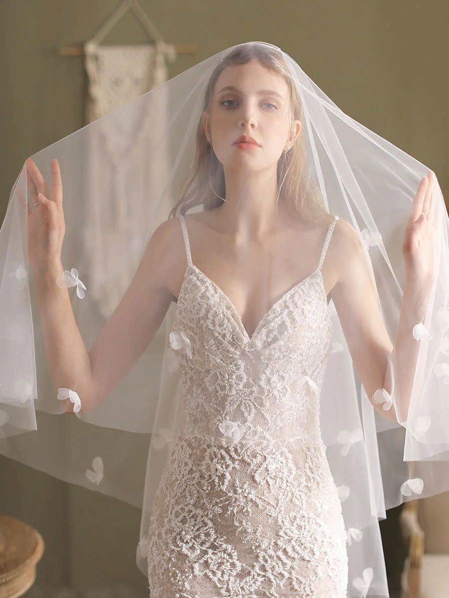Classic Ivory Two-Tier Flowers Tulle Cut Edge Wedding Veils - Image 2