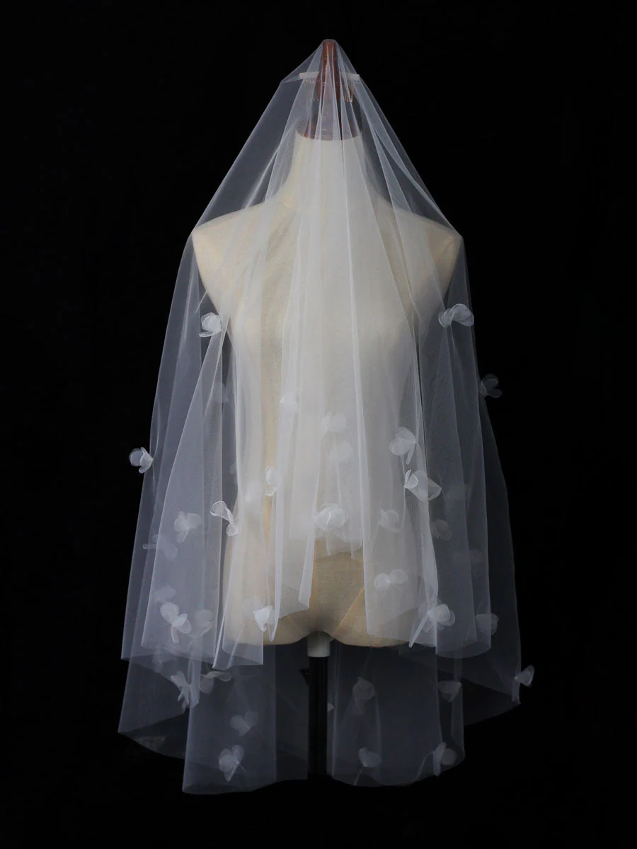 Classic Ivory Two-Tier Flowers Tulle Cut Edge Wedding Veils - Image 3