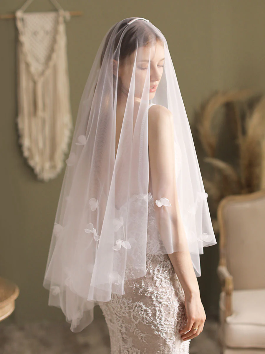 Classic Ivory Two-Tier Flowers Tulle Cut Edge Wedding Veils - Image 4