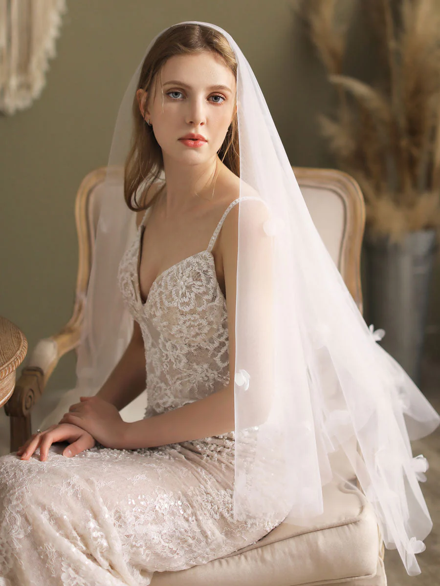 Classic Ivory Two-Tier Flowers Tulle Cut Edge Wedding Veils - Image 5