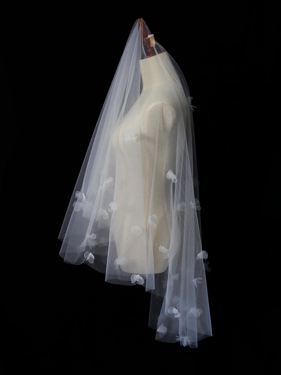 Classic Ivory Two-Tier Flowers Tulle Cut Edge Wedding Veils - Image 6