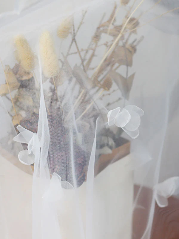 Classic Ivory Two-Tier Flowers Tulle Cut Edge Wedding Veils - Image 7
