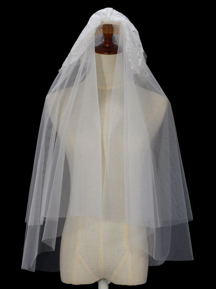 Classic Ivory Two-Tier Lace Tulle Cut Edge Wedding Veils - Image 6