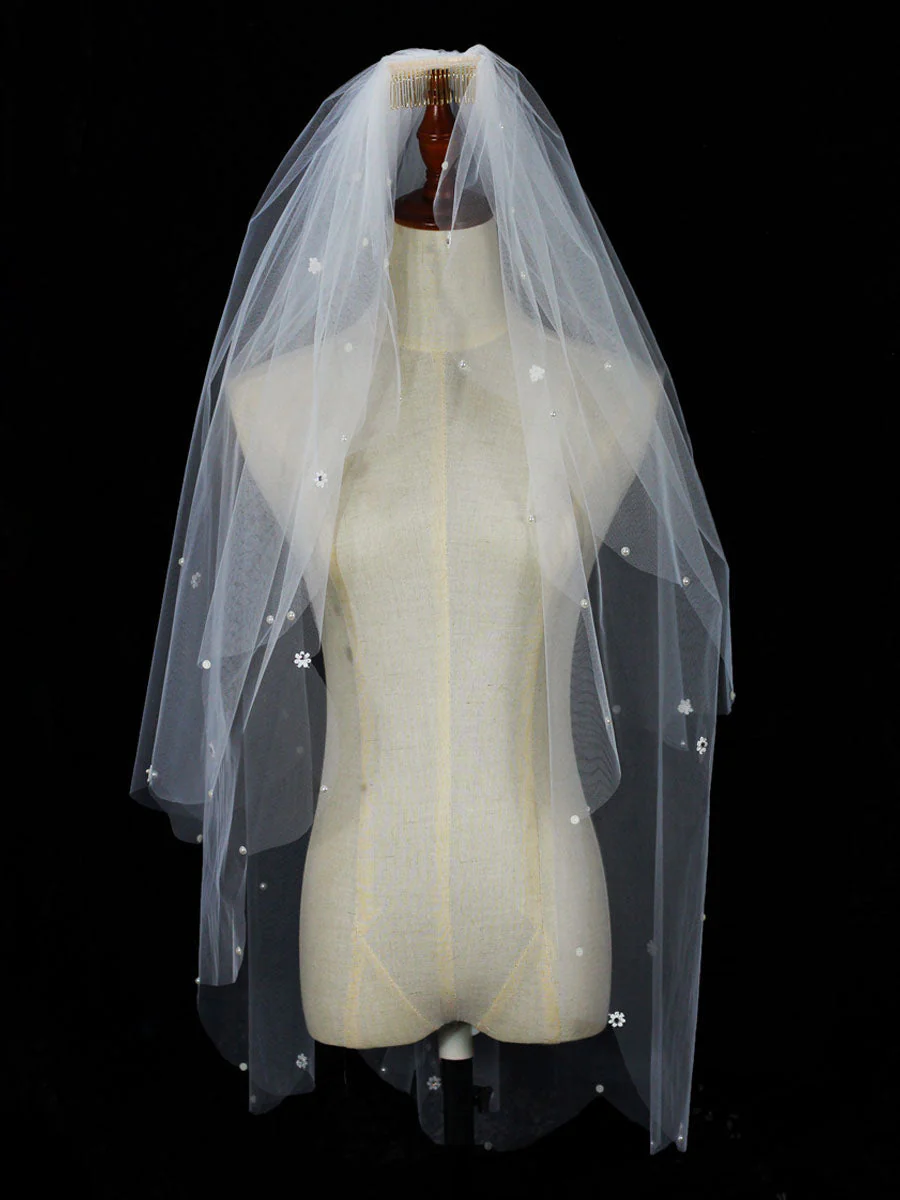 Classic Ivory Two-Tier Pearls Tulle Cut Edge Wedding Veil - Image 2