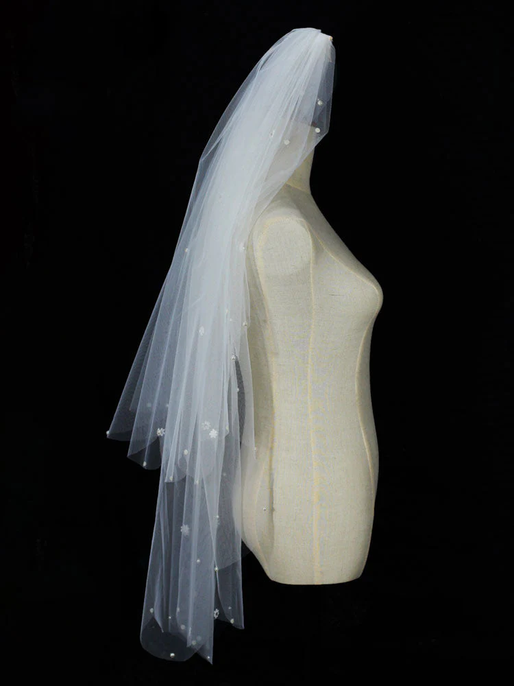 Classic Ivory Two-Tier Pearls Tulle Cut Edge Wedding Veil - Image 3