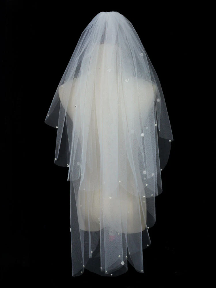 Classic Ivory Two-Tier Pearls Tulle Cut Edge Wedding Veil - Image 4