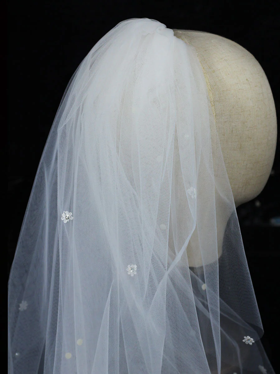 Classic Ivory Two-Tier Pearls Tulle Cut Edge Wedding Veil - Image 5