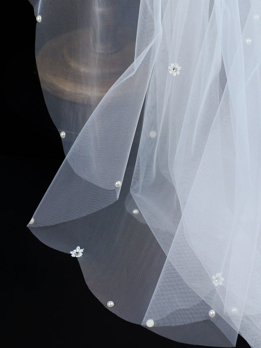 Classic Ivory Two-Tier Pearls Tulle Cut Edge Wedding Veil - Image 6