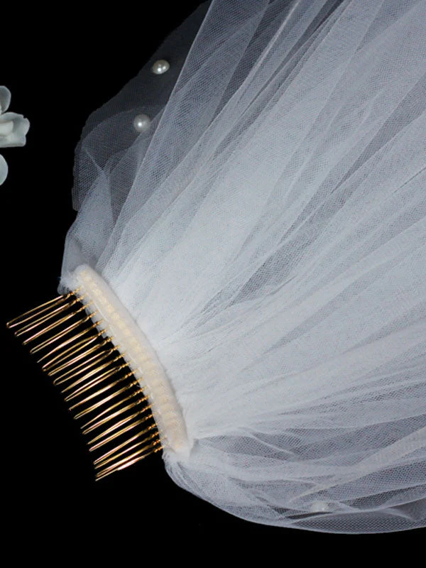 Classic Ivory Two-Tier Pearls Tulle Cut Edge Wedding Veil - Image 7