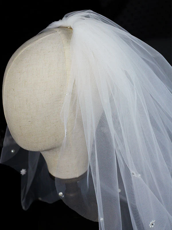 Classic Ivory Two-Tier Pearls Tulle Cut Edge Wedding Veil - Image 8