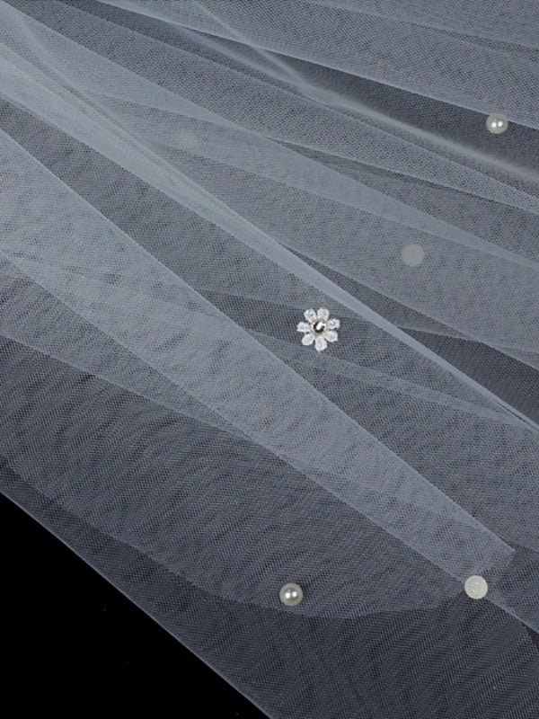 Classic Ivory Two-Tier Pearls Tulle Cut Edge Wedding Veil - Image 9