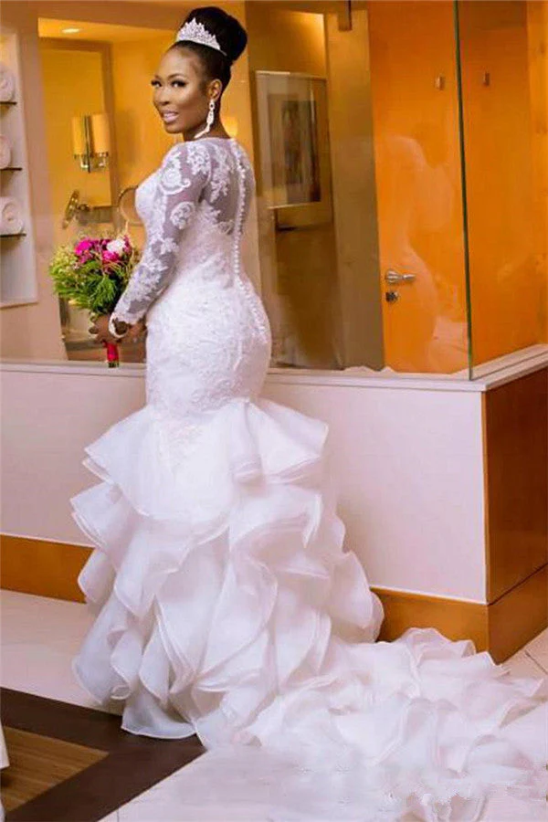 Classic Jewel Long Sleeves Tulle Lace Long Wedding Dress with Court Train - Image 2