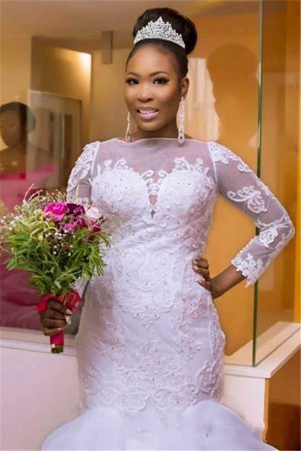 Classic Jewel Long Sleeves Tulle Lace Long Wedding Dress with Court Train - Image 3