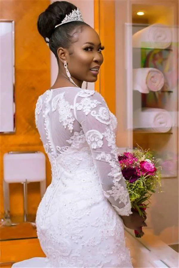 Classic Jewel Long Sleeves Tulle Lace Long Wedding Dress with Court Train - Image 4