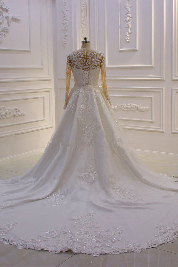 Classic Jewel Long Sleevess Tulle Lace Sparkle Ivory Wedding Dress - Image 2