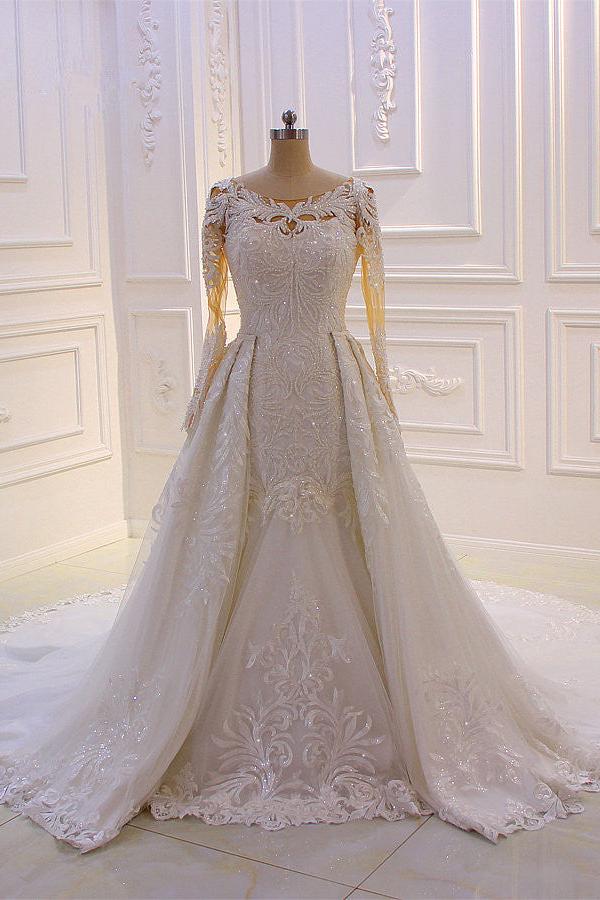 Classic Jewel Long Sleevess Tulle Lace Sparkle Ivory Wedding Dress - Image 3