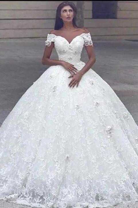 Classic Lace Off the shoulder White Lace Ball Gown Wedding Dress - Image 2
