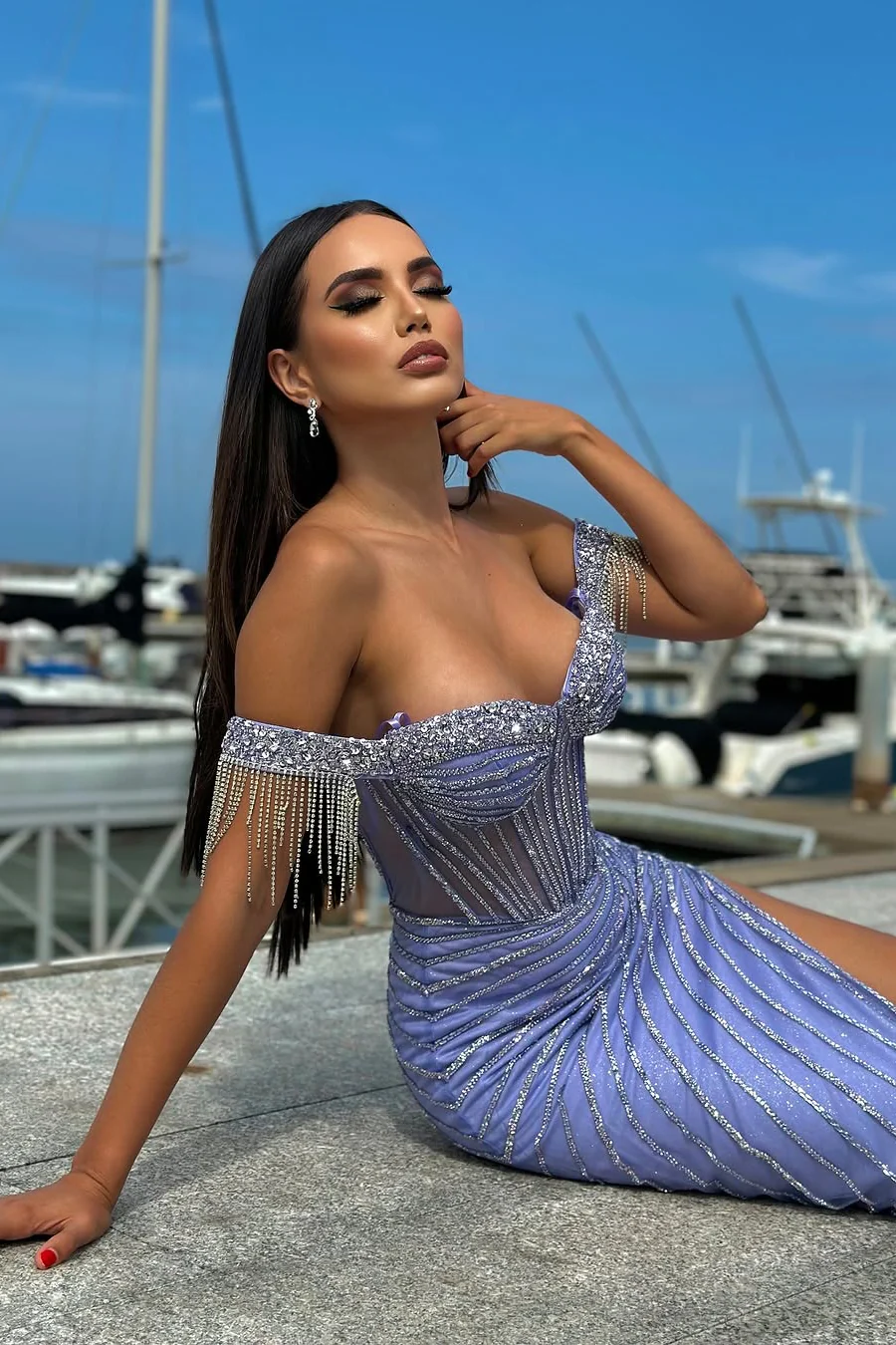 Classic Lavender Sweetheart Off-The-Shoulder Mermaid Prom Dresses Sheath Gem With Side Split - Image 10
