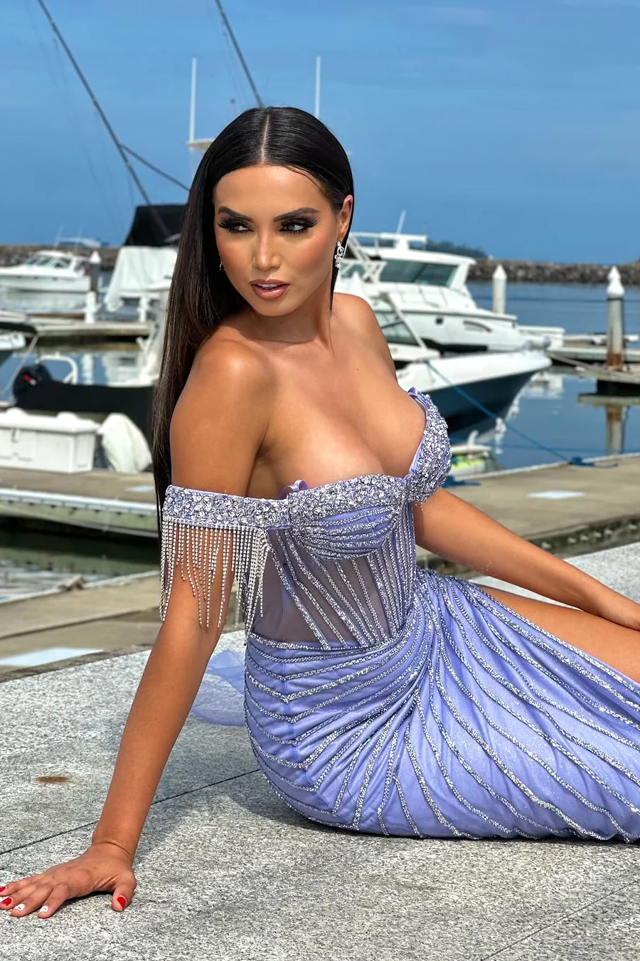 Classic Lavender Sweetheart Off-The-Shoulder Mermaid Prom Dresses Sheath Gem With Side Split - Image 11