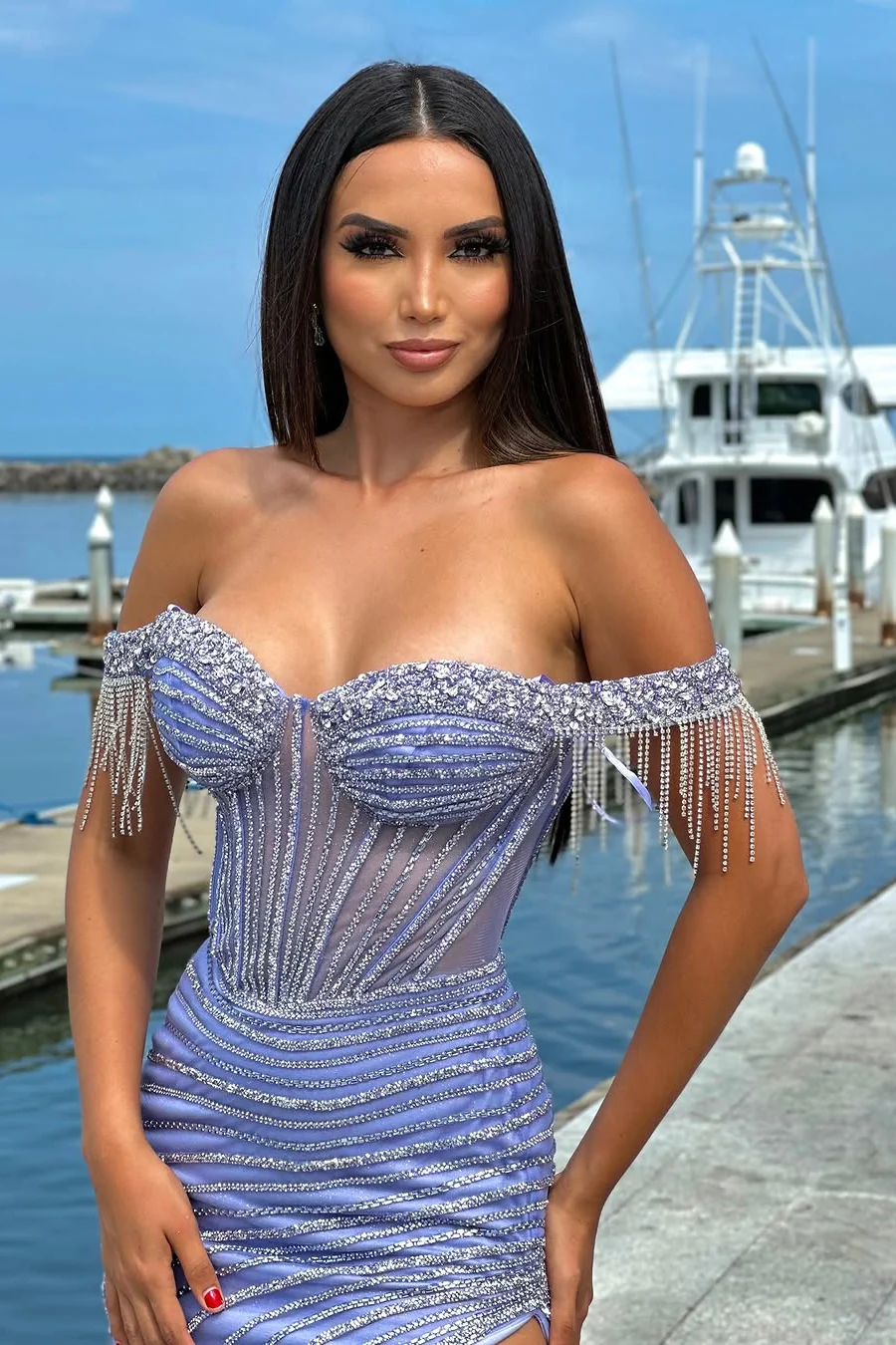 Classic Lavender Sweetheart Off-The-Shoulder Mermaid Prom Dresses Sheath Gem With Side Split - Image 3