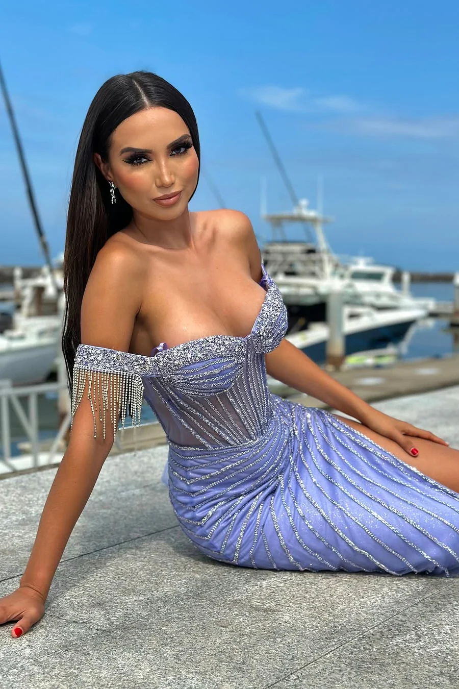 Classic Lavender Sweetheart Off-The-Shoulder Mermaid Prom Dresses Sheath Gem With Side Split - Image 4
