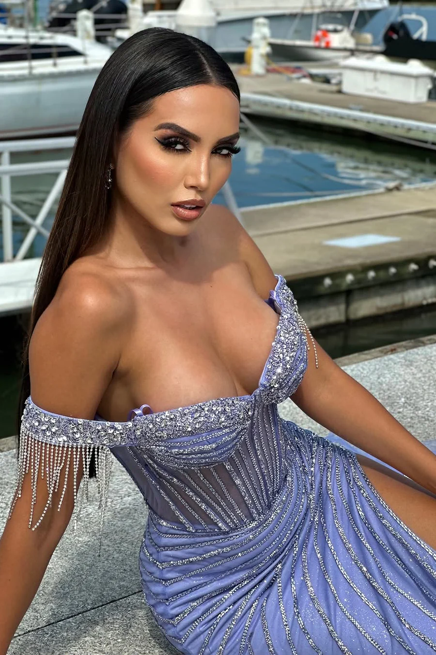 Classic Lavender Sweetheart Off-The-Shoulder Mermaid Prom Dresses Sheath Gem With Side Split - Image 6