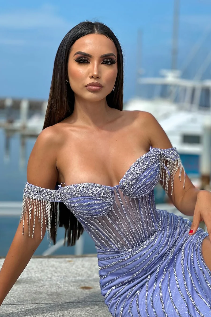 Classic Lavender Sweetheart Off-The-Shoulder Mermaid Prom Dresses Sheath Gem With Side Split - Image 8