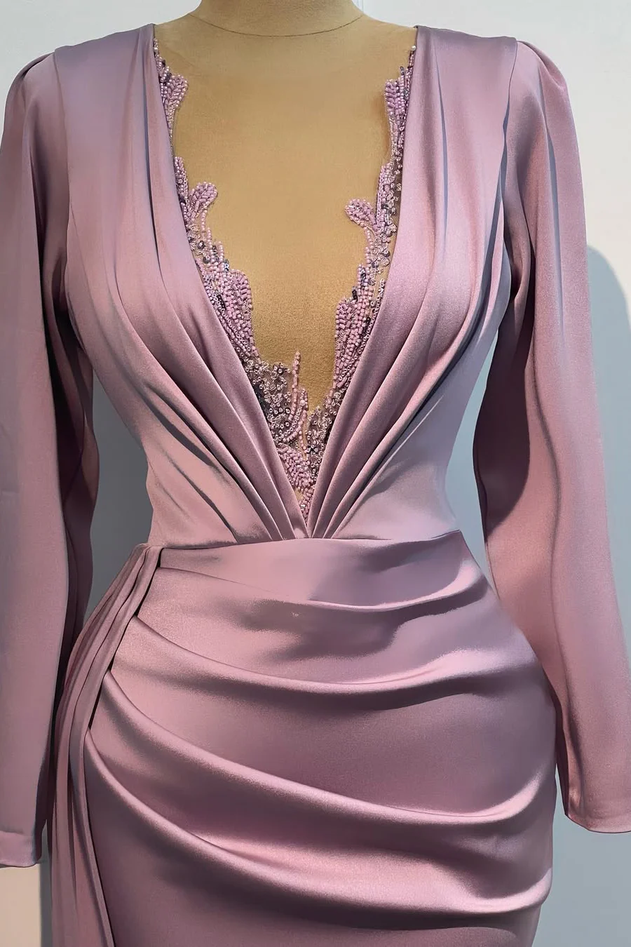 Classic Lilac V-Neck Long Sleeves Satin Prom Dresses Mermaid Column With Beads - Image 3