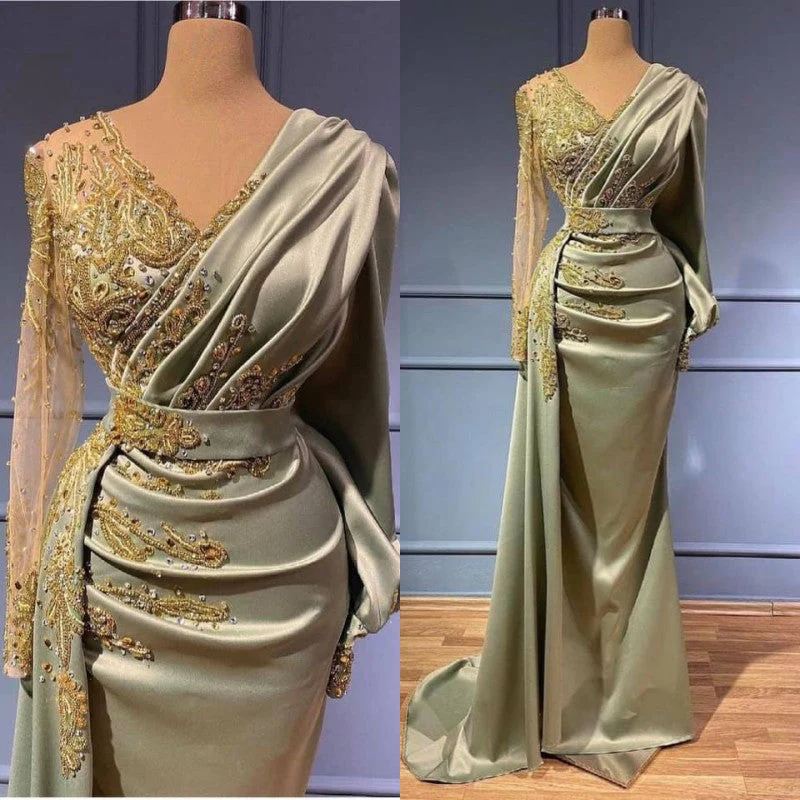 Classic Long Sleeves V-Neck Mermaid Evening Gowns Long Prom Dress With Appliques - Image 3