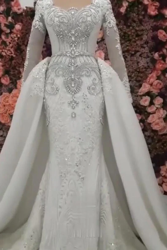 Classic Long Sleevess Mermaid Wedding Dresses with Overskirt - Image 2