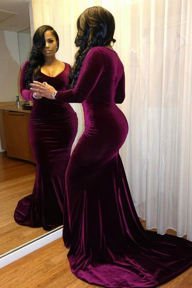 Classic Long Sleevess Velvet Mermaid Long Evening Dresses - Image 2