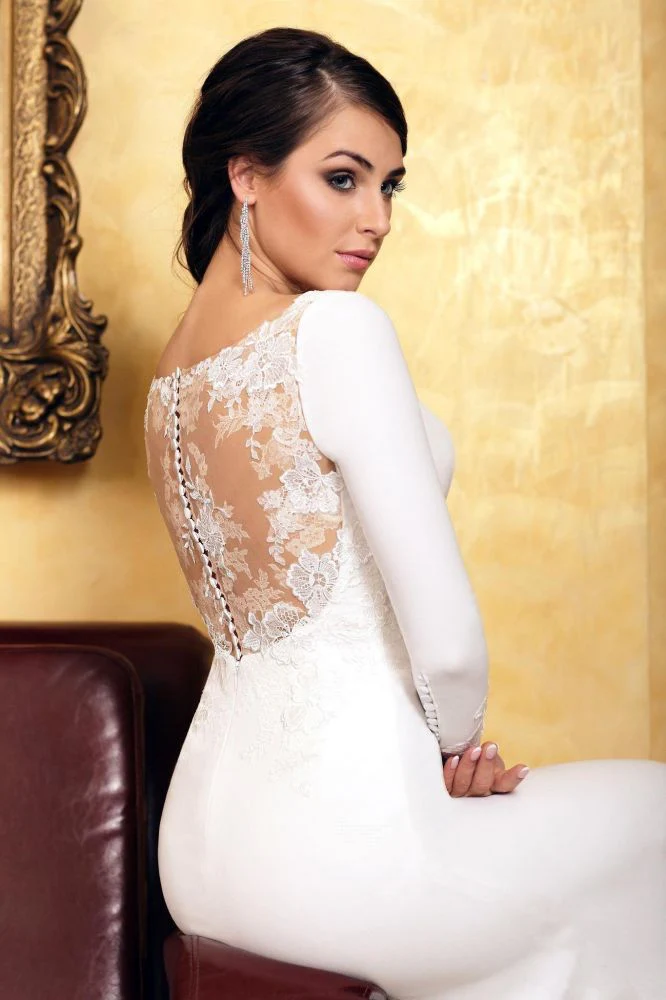 Classic Mermaid Evening Dress Slim Long Sleeves Floral Lace with train - Image 2