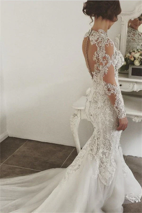 Classic Mermaid Long Sleevess Lace High Neck Crystal Wedding Dresses Modern Beading Bridal Gowns With Buttons - Image 2