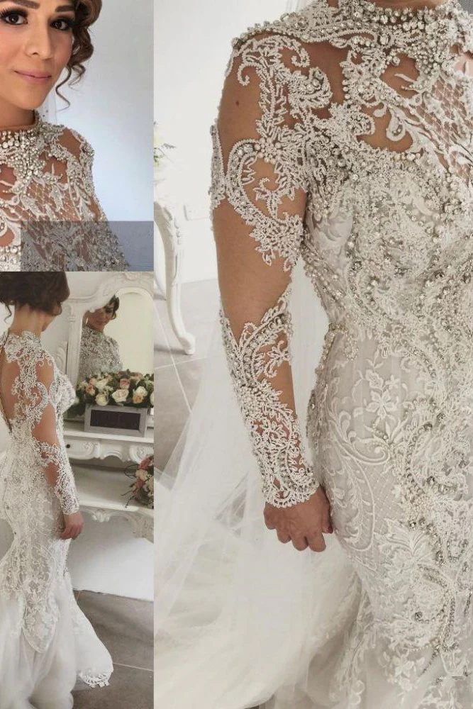 Classic Mermaid Long Sleevess Lace High Neck Crystal Wedding Dresses Modern Beading Bridal Gowns With Buttons - Image 3